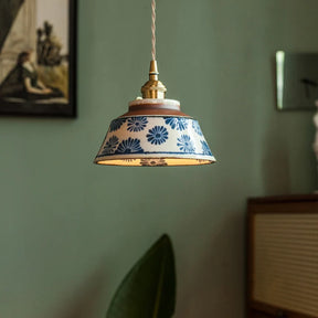 Pendente de Teto em Cerâmica Artesanal Azul e Branco E27 Bivolt Estilo Chinês Retrô para Sala de Jantar e Quarto