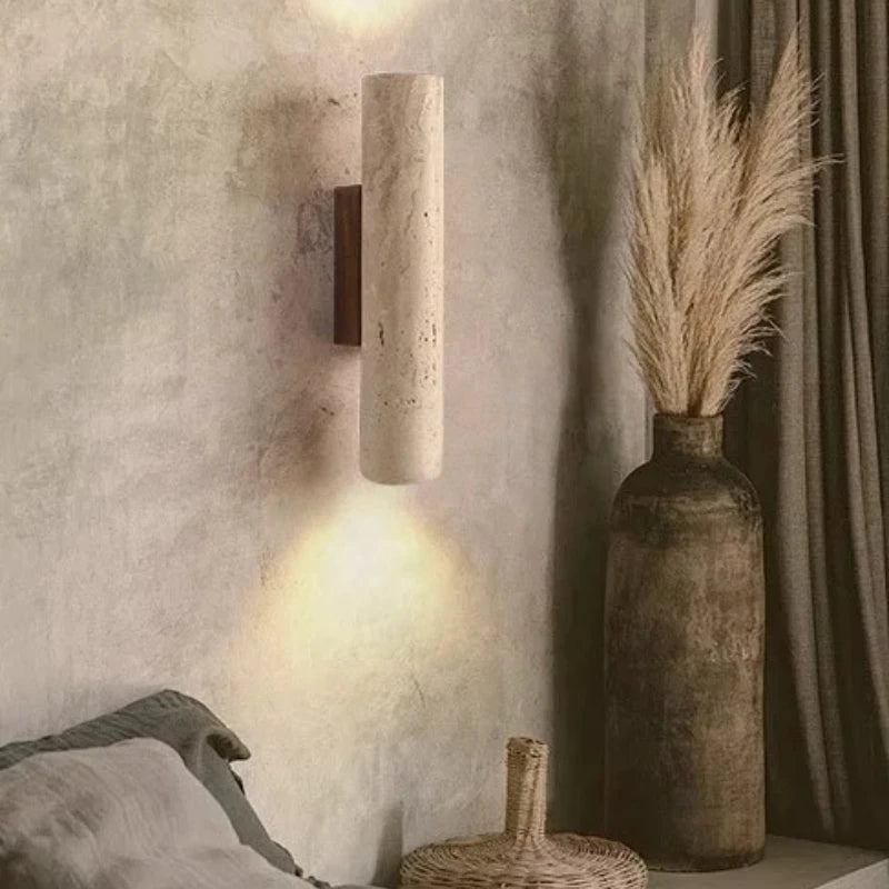 Arandela de Parede Tubular em Pedra Travertino e Madeira G9 Bivolt Wabi-Sabi Bidirecional para Quarto e Sala