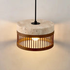 Pendente de Teto em Travertino Natural e Ripas de Madeira E27 Bivolt Estilo Oriental para Sala de Jantar e Quarto