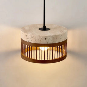 Pendente de Teto em Travertino Natural e Ripas de Madeira E27 Bivolt Estilo Oriental para Sala de Jantar e Quarto