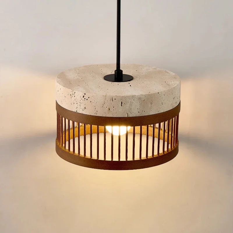 Pendente de Teto em Travertino Natural e Ripas de Madeira E27 Bivolt Estilo Oriental para Sala de Jantar e Quarto