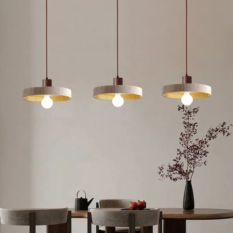 Pendente de Teto em Pedra Natural e Madeira E27 7W Bivolt Estilo Japonês para Sala de Jantar e Quarto