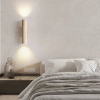 Arandela de Parede Tubular em Pedra Travertino e Madeira G9 Bivolt Wabi-Sabi Bidirecional para Quarto e Sala
