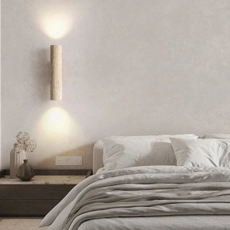 Arandela de Parede Tubular em Pedra Travertino e Madeira G9 Bivolt Wabi-Sabi Bidirecional para Quarto e Sala