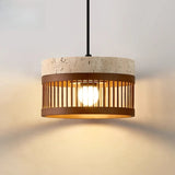 Pendente de Teto em Travertino Natural e Ripas de Madeira E27 Bivolt Estilo Oriental para Sala de Jantar e Quarto