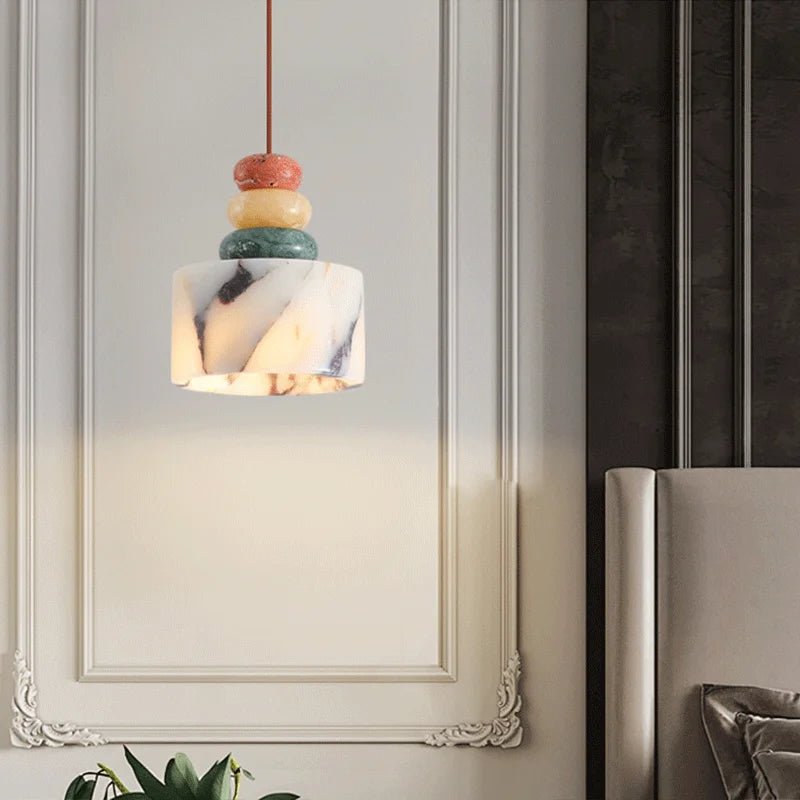 Pendente de Teto em Pedra Natural Mármore Colorido E27 Bivolt para Quarto e Sala de Jantar