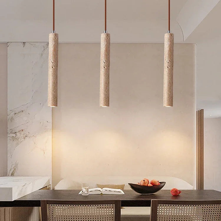Pendente de Teto Tubular Slim em Pedra Travertino Natural G4 5W Bivolt Estilo Japonês para Quarto e Sala de Jantar