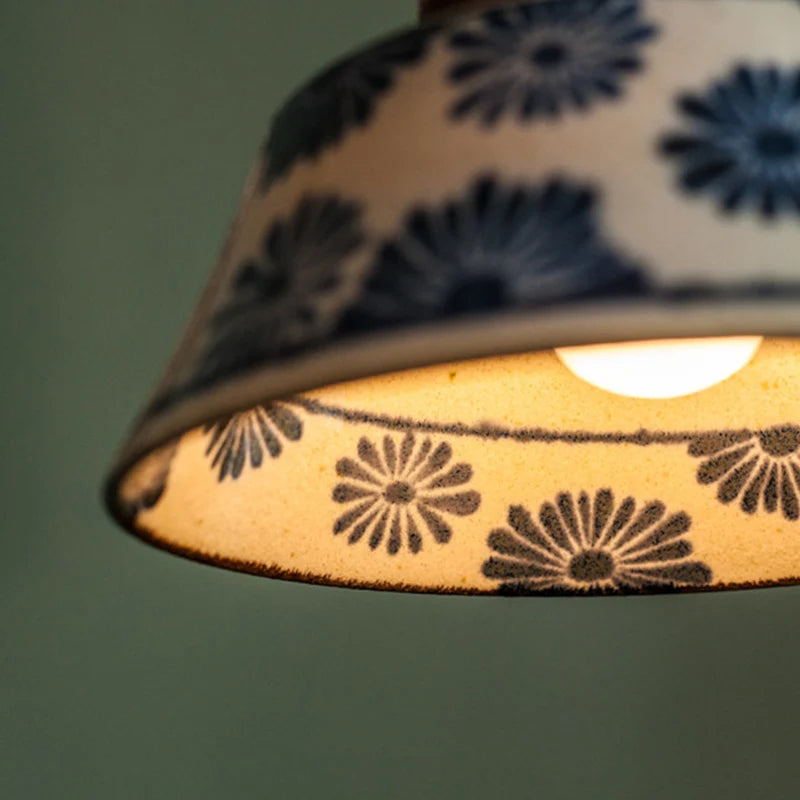 Pendente de Teto em Cerâmica Artesanal Azul e Branco E27 Bivolt Estilo Chinês Retrô para Sala de Jantar e Quarto