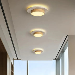 Plafon de Teto em Pedra Travertino e Madeira LED 28W Bivolt Wabi-Sabi 22cm para Sala e Corredor