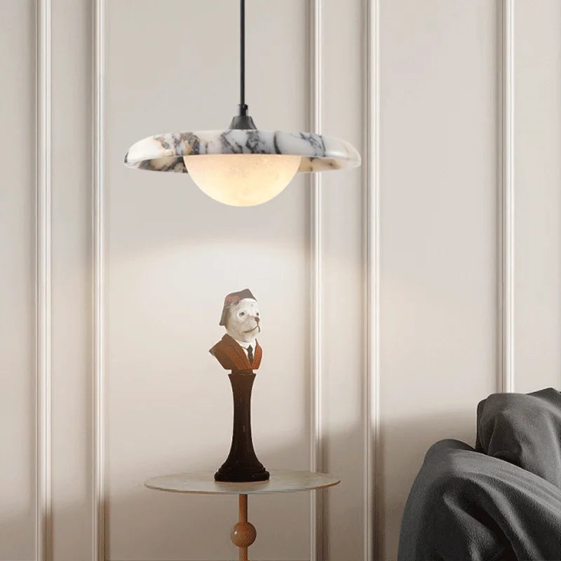 Pendente de Teto em Pedra Mármore Natural LED 12W Bivolt Formato Disco para Quarto e Sala de Jantar