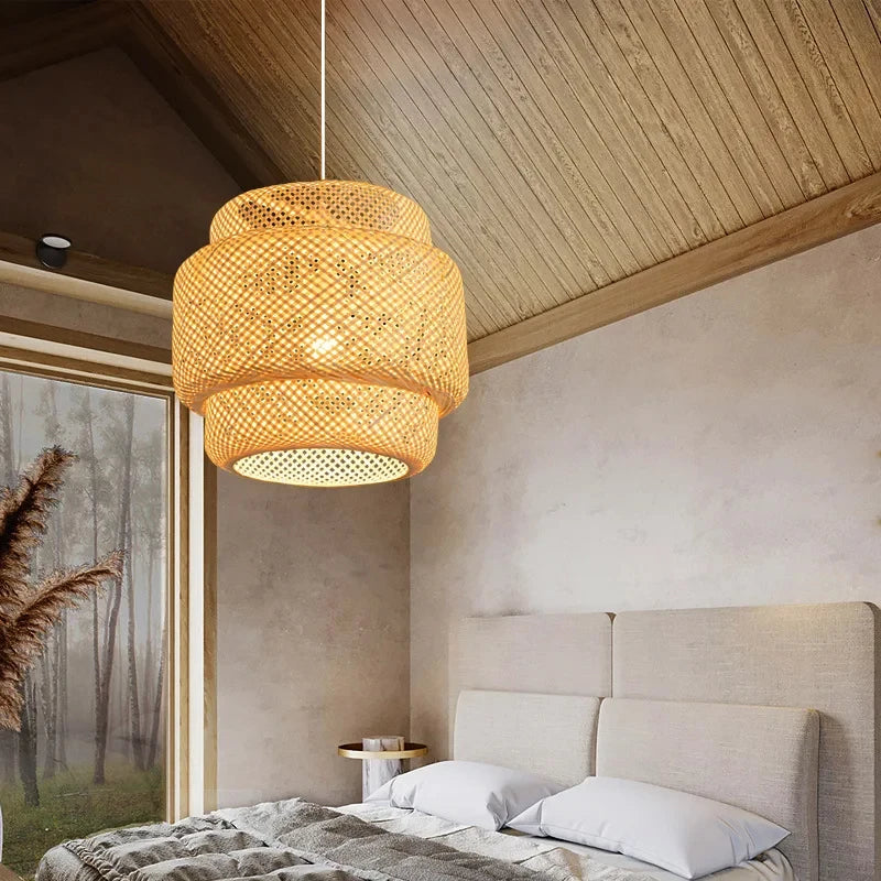 Pendente de Teto Artesanal em Bambu Natural E27 Bivolt 30cm para Sala de Jantar e Quarto