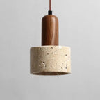 Pendente de Teto Cilíndrico em Pedra Travertino e Madeira E27 Bivolt Wabi-Sabi para Quarto e Sala de Jantar