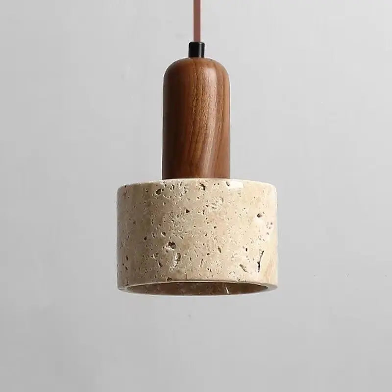 Pendente de Teto Cilíndrico em Pedra Travertino e Madeira E27 Bivolt Wabi-Sabi para Quarto e Sala de Jantar