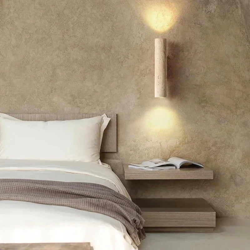 Arandela de Parede Tubular em Pedra Travertino e Madeira G9 Bivolt Wabi-Sabi Bidirecional para Quarto e Sala