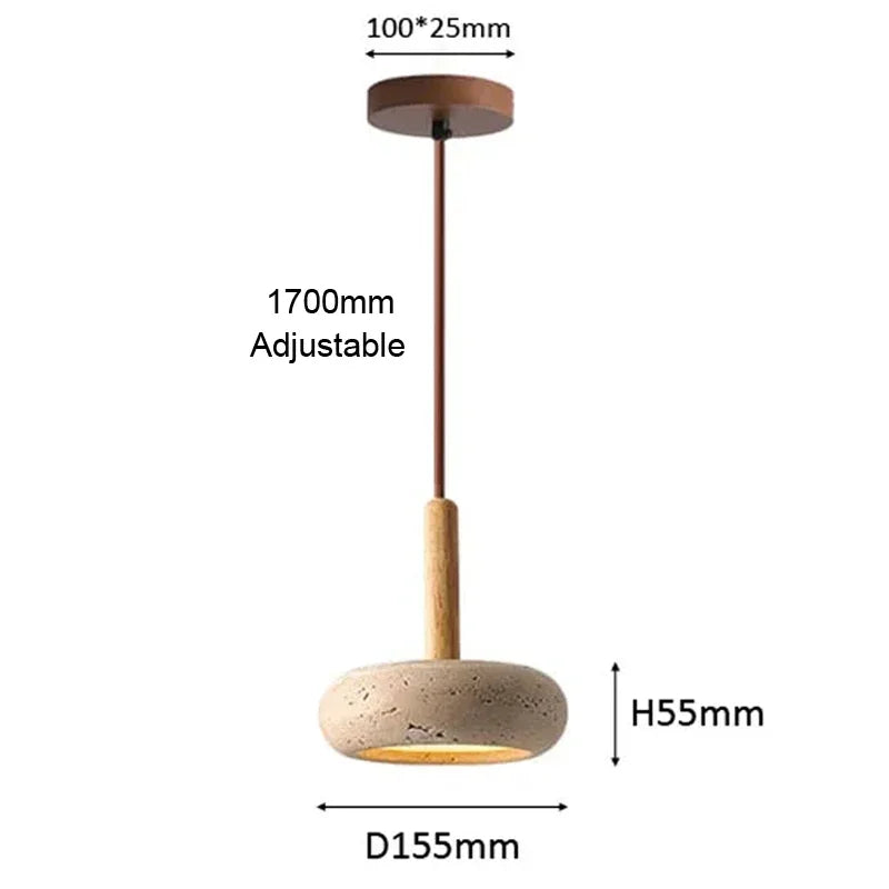 Pendente de Teto em Travertino Natural e Madeira 12W Bivolt Wabi-Sabi 15cm para Quarto e Sala de Jantar