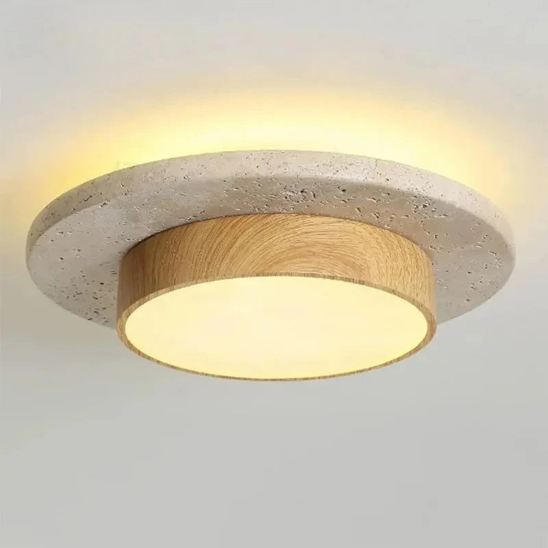 Plafon de Teto em Pedra Travertino e Madeira LED 28W Bivolt Wabi-Sabi 22cm para Sala e Corredor