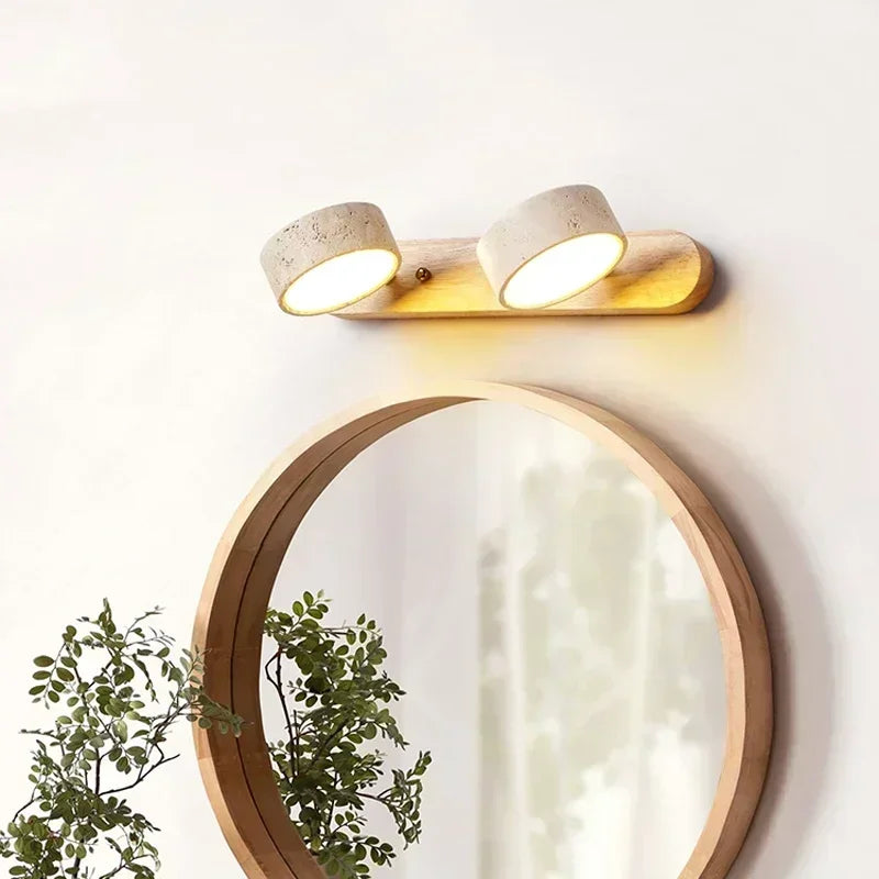 Arandela de Parede em Pedra Travertino e Madeira LED Luz Quente Bivolt Wabi-Sabi Rotativa para Banheiro e Quarto