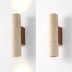 Arandela de Parede Tubular em Pedra Travertino e Madeira G9 Bivolt Wabi-Sabi Bidirecional para Quarto e Sala
