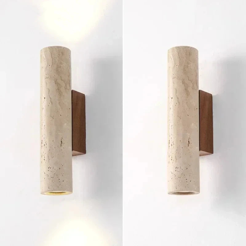 Arandela de Parede Tubular em Pedra Travertino e Madeira G9 Bivolt Wabi-Sabi Bidirecional para Quarto e Sala