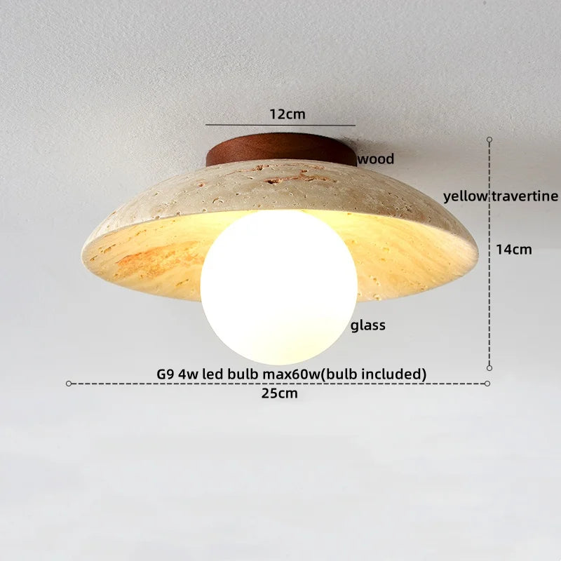Plafon de Teto em Travertino Natural e Madeira E27 Bivolt Arquitetônico para Sala e Quarto