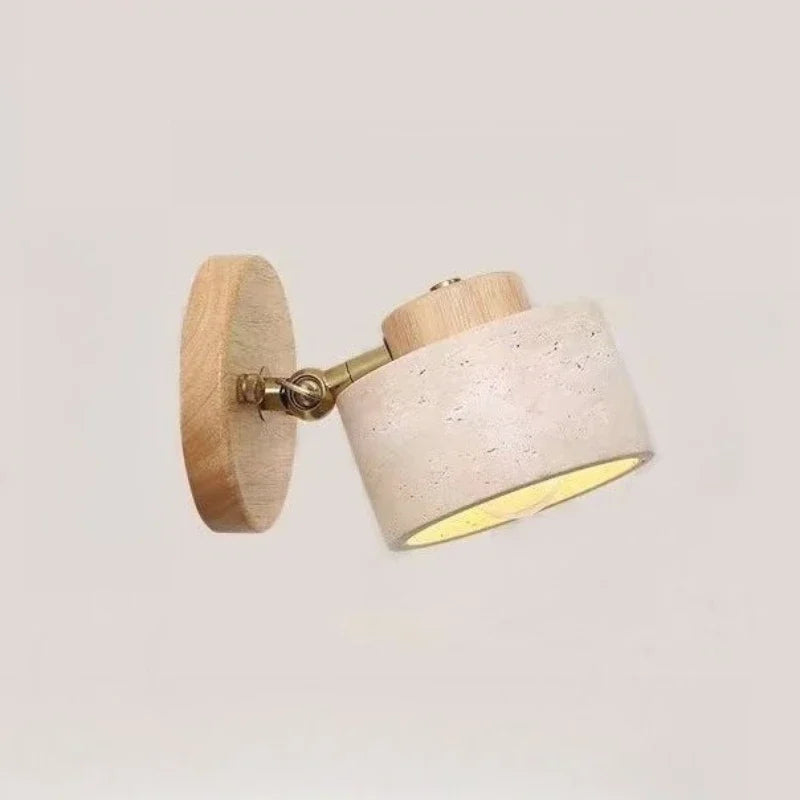 Arandela de Parede em Pedra Travertino e Madeira E27 Bivolt Wabi-Sabi com Inclinação Ajustável para Quarto e Sala