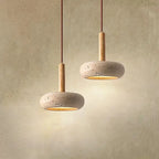 Pendente de Teto em Travertino Natural e Madeira 12W Bivolt Wabi-Sabi 15cm para Quarto e Sala de Jantar