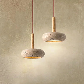 Pendente de Teto em Travertino Natural e Madeira 12W Bivolt Wabi-Sabi 15cm para Quarto e Sala de Jantar