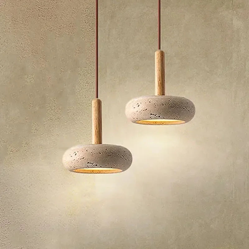 Pendente de Teto em Travertino Natural e Madeira 12W Bivolt Wabi-Sabi 15cm para Quarto e Sala de Jantar