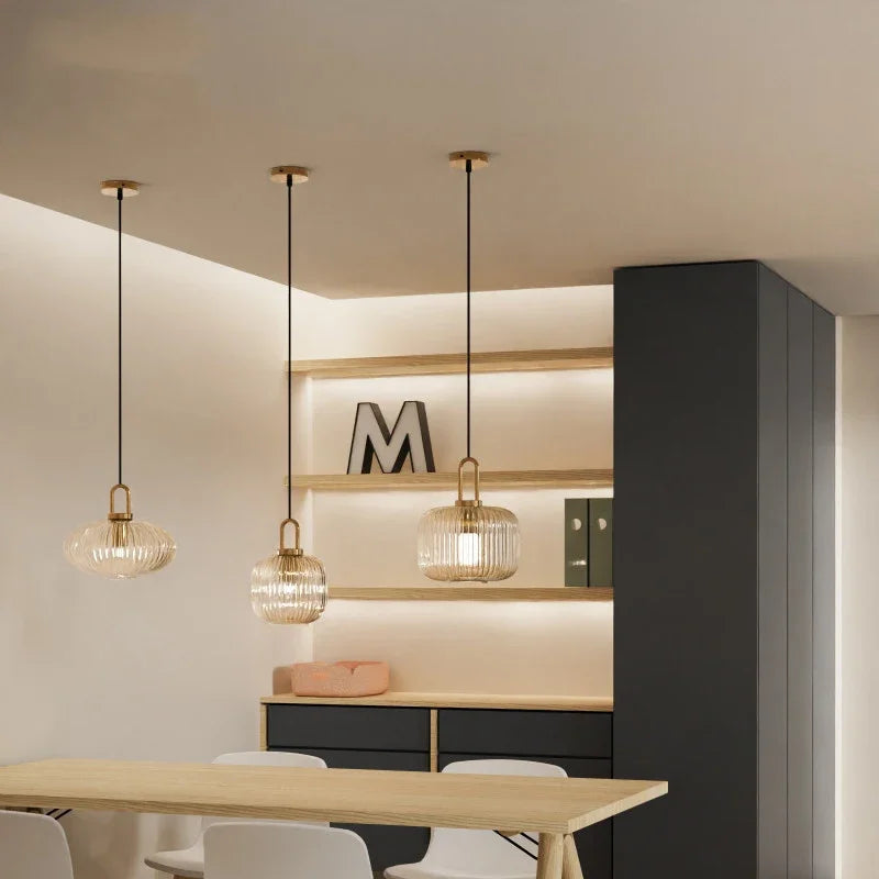Pendente de Teto em Vidro Trabalhado e Ferro E27 Bivolt Estilo Japonês para Sala de Jantar e Quarto
