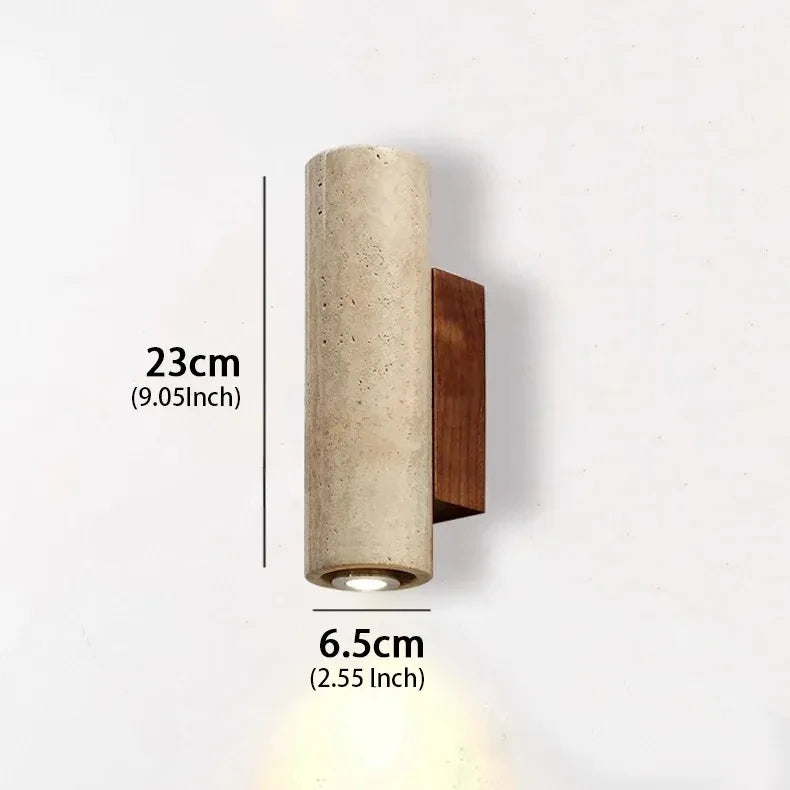 Arandela de Parede Tubular em Pedra Travertino e Madeira G9 Bivolt Wabi-Sabi Bidirecional para Quarto e Sala