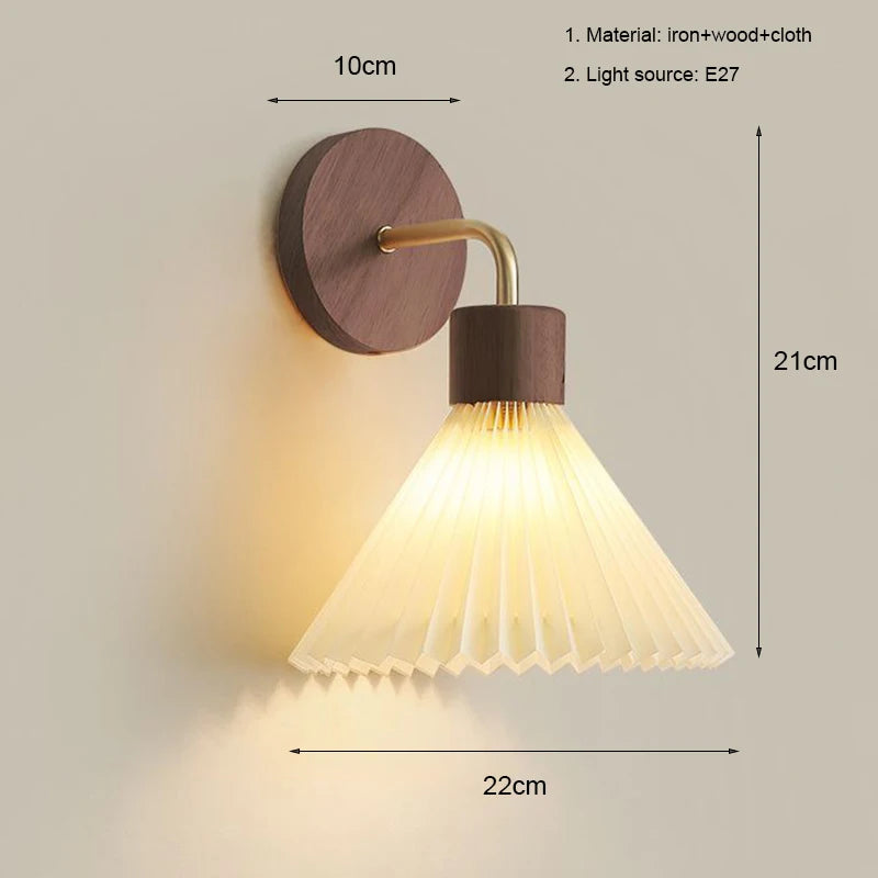 Arandela de Parede em Madeira e Ferro com Cúpula de Tecido E27 Bivolt Estilo Nórdico para Quarto e Sala