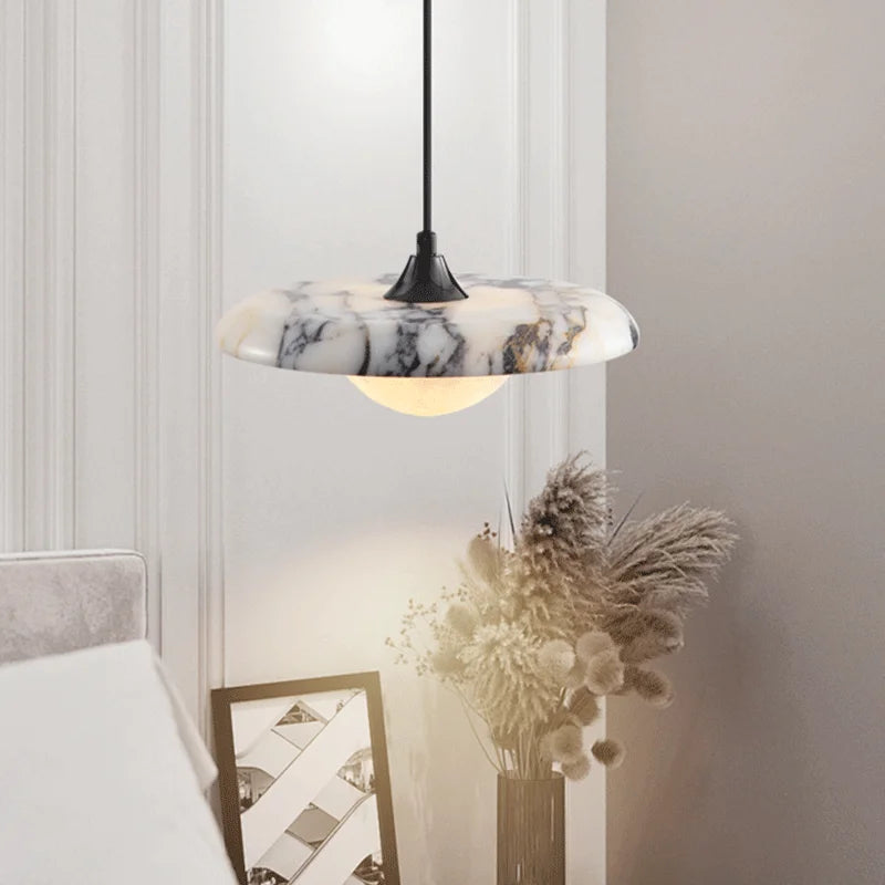 Pendente de Teto em Pedra Mármore Natural LED 12W Bivolt Formato Disco para Quarto e Sala de Jantar