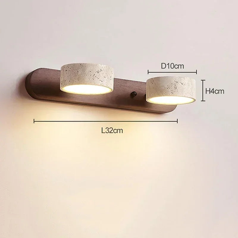 Arandela de Parede em Pedra Travertino e Madeira LED Luz Quente Bivolt Wabi-Sabi Rotativa para Banheiro e Quarto
