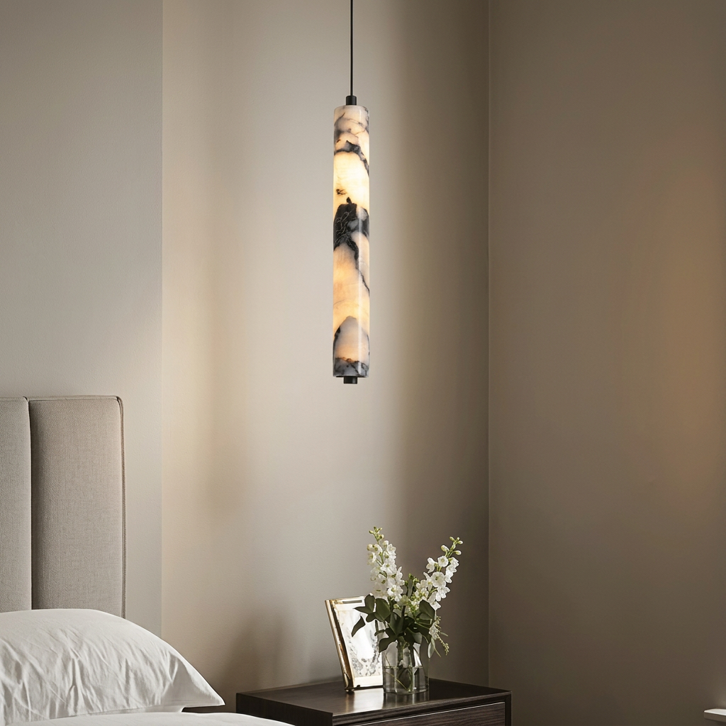 Pendente de Teto Tubular em Pedra Mármore Natural Preto LED 12W Bivolt para Quarto e Sala de Jantar