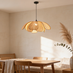 Pendente de Teto Artesanal em Rattan Natural Trançado E27 Bivolt Estilo Flor Oriental para Sala de Jantar e Quarto