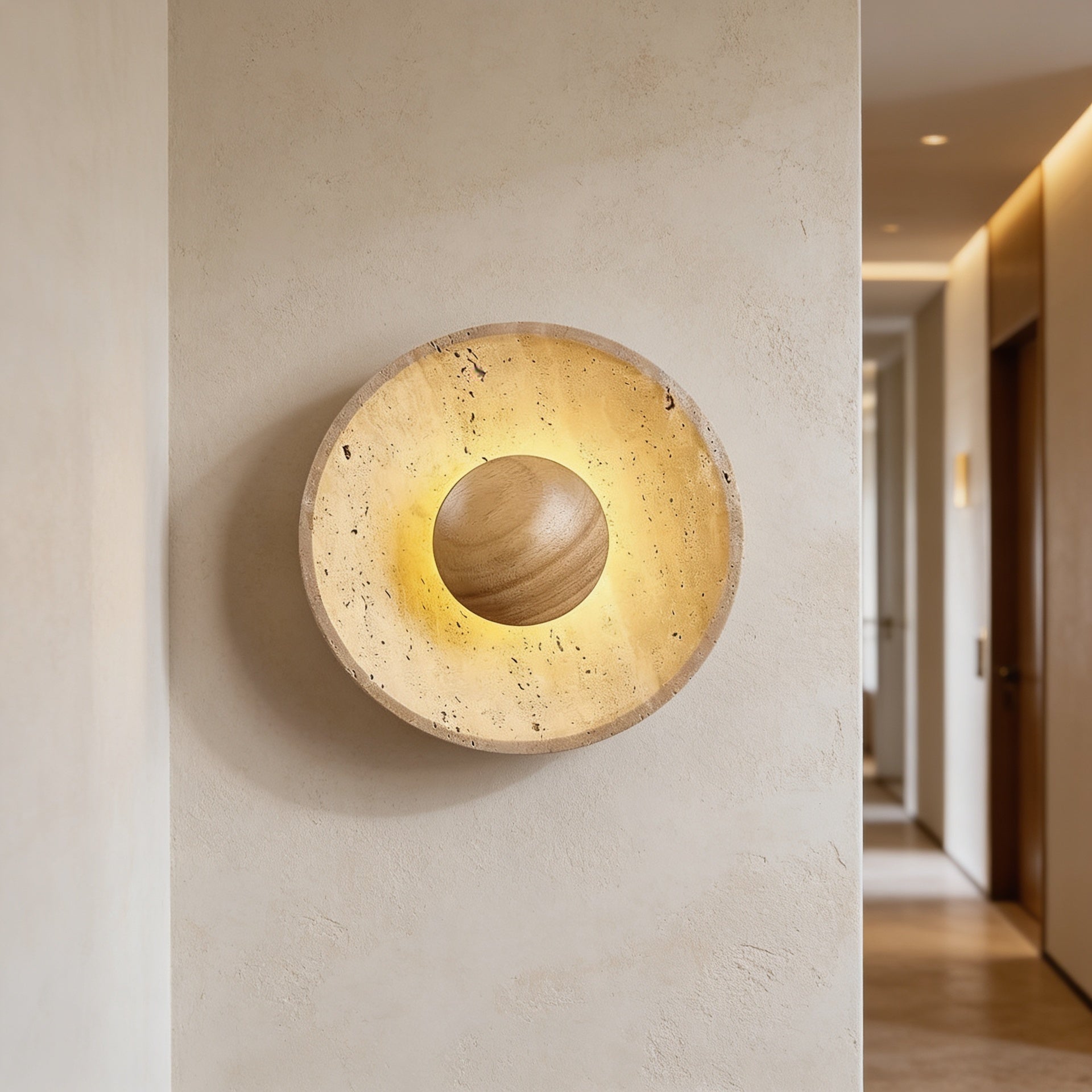 Arandela de Parede em Pedra Natural e Madeira LED Bivolt Estilo Japandi para Quarto e Sala de Estar