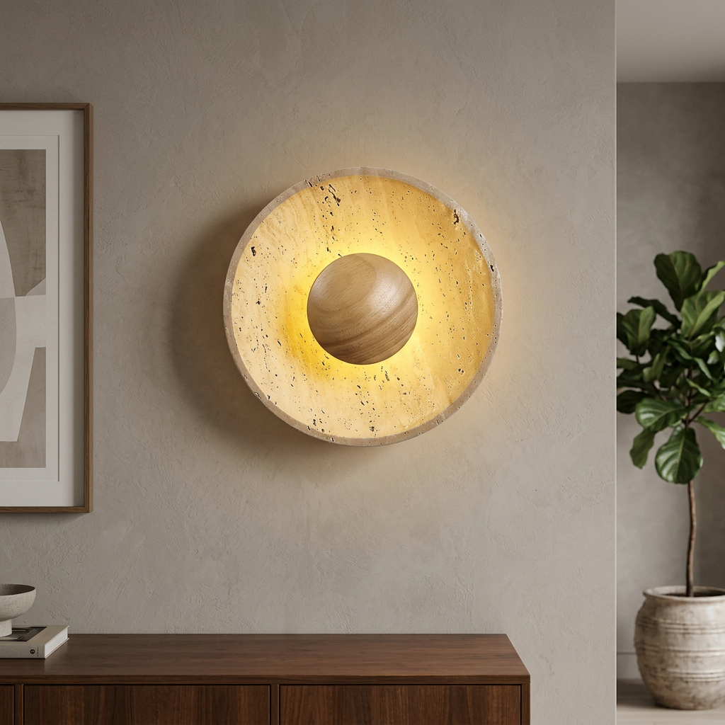 Arandela de Parede em Pedra Natural e Madeira LED Bivolt Estilo Japandi para Quarto e Sala de Estar