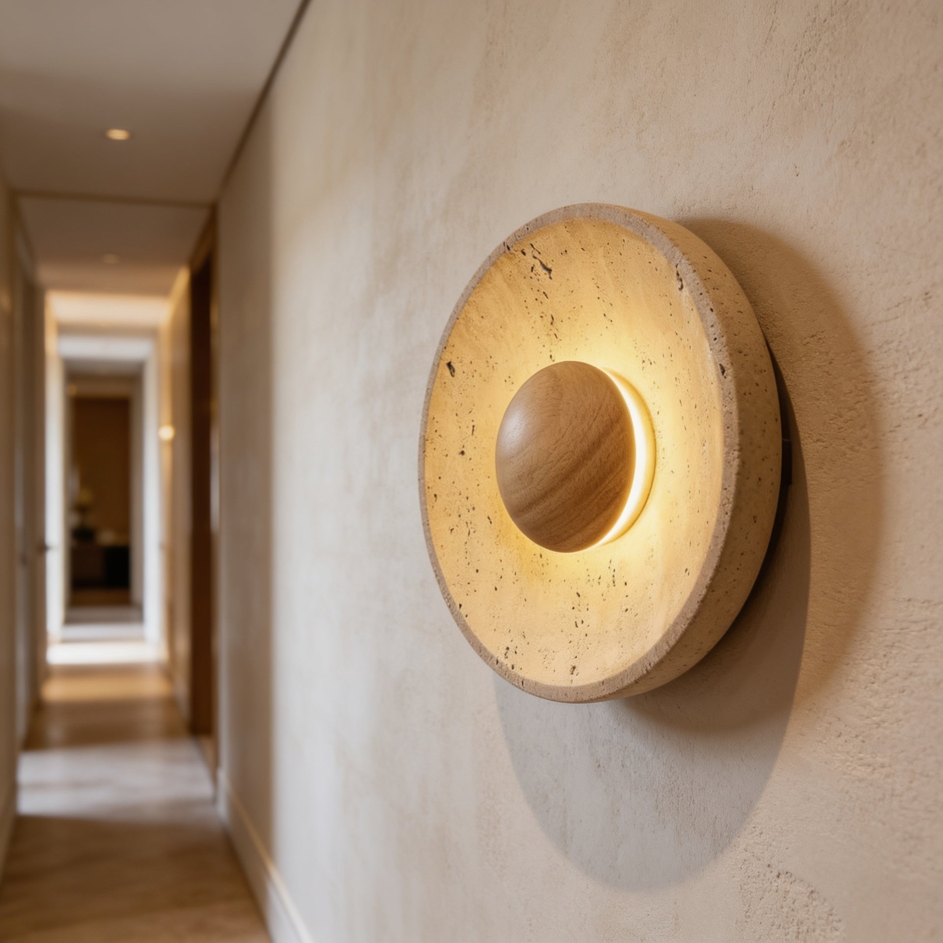 Arandela de Parede em Pedra Natural e Madeira LED Bivolt Estilo Japandi para Quarto e Sala de Estar