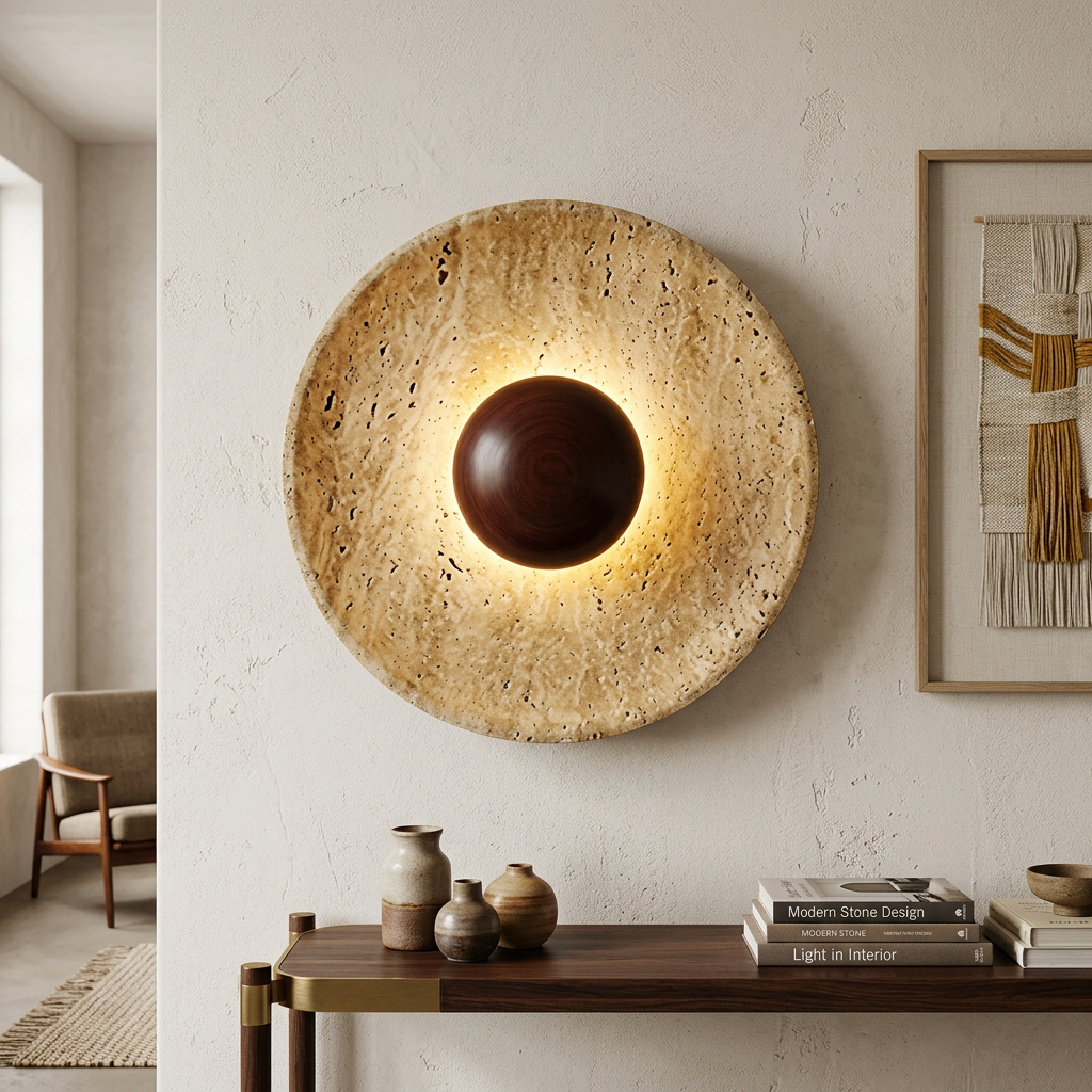 Arandela de Parede em Pedra Natural e Madeira LED Bivolt Estilo Japandi para Quarto e Sala de Estar