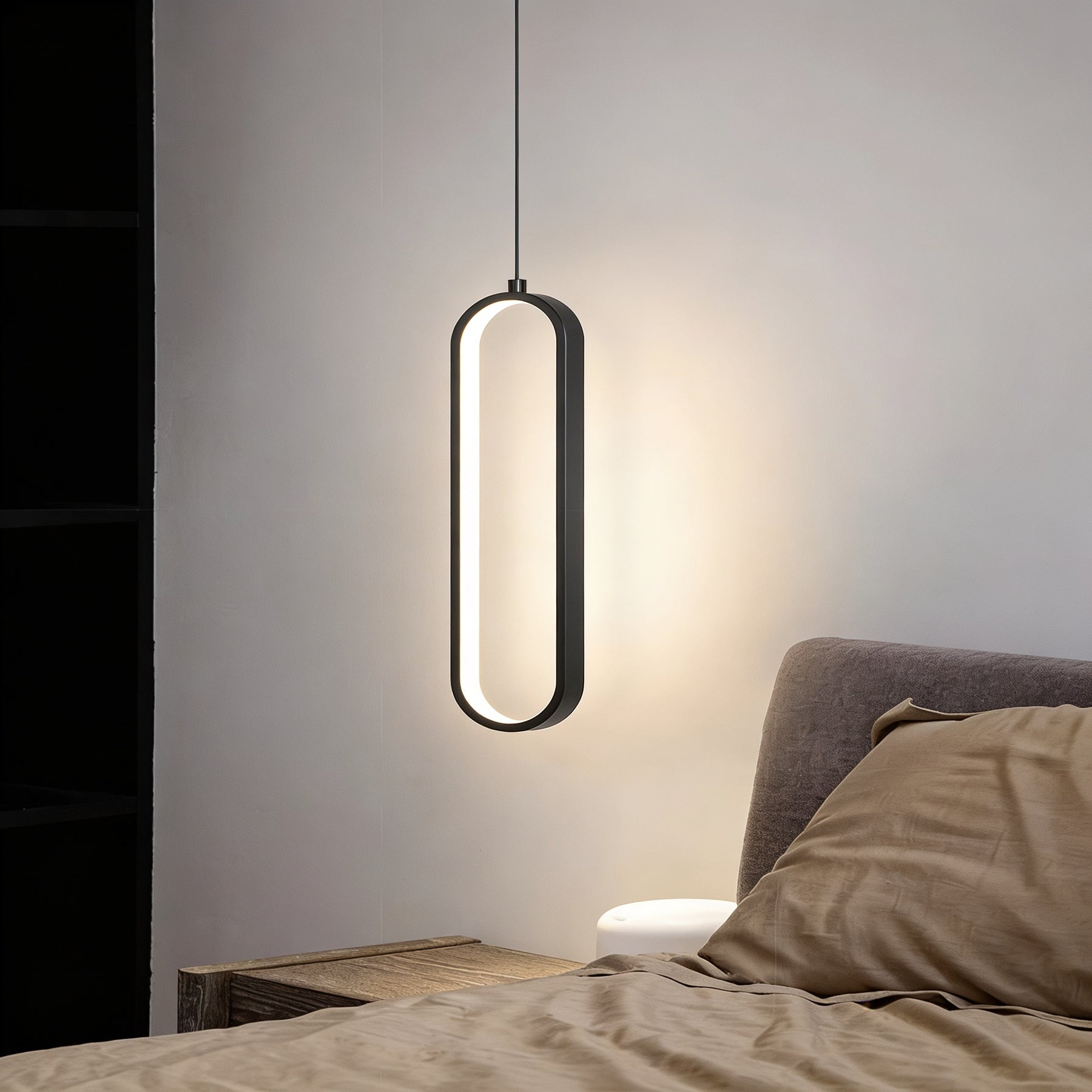 Pendente de Teto Oval em Ferro LED Integrado 16W–36W Bivolt Minimalista para Quarto e Sala de Jantar