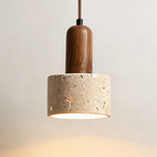 Pendente de Teto Cilíndrico em Pedra Travertino e Madeira E27 Bivolt Wabi-Sabi para Quarto e Sala de Jantar