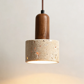Pendente de Teto Cilíndrico em Pedra Travertino e Madeira E27 Bivolt Wabi-Sabi para Quarto e Sala de Jantar