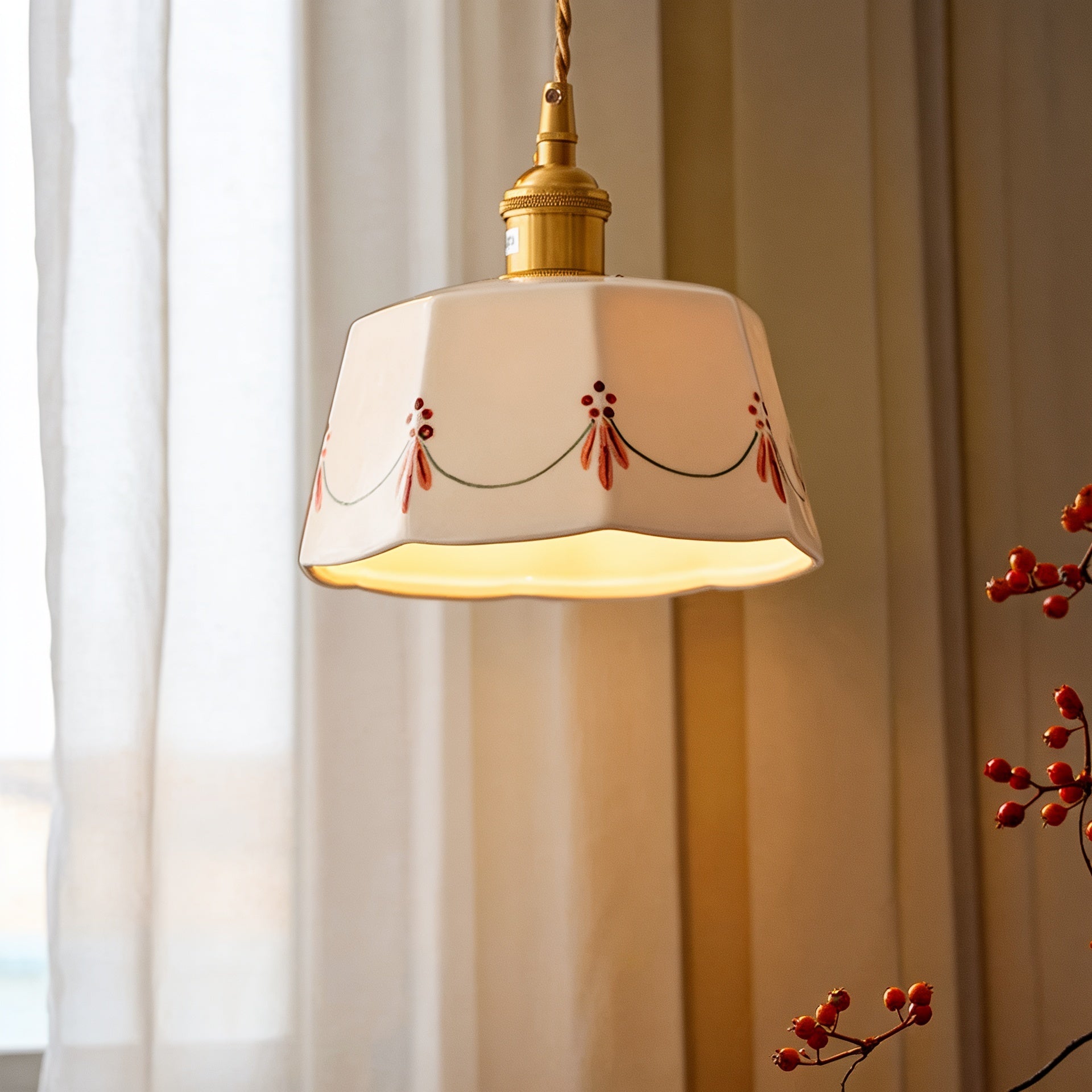 Pendente de Teto em Cerâmica Artesanal Pintada à Mão E27 Bivolt Estilo Retrô Francês para Sala de Jantar e Quarto