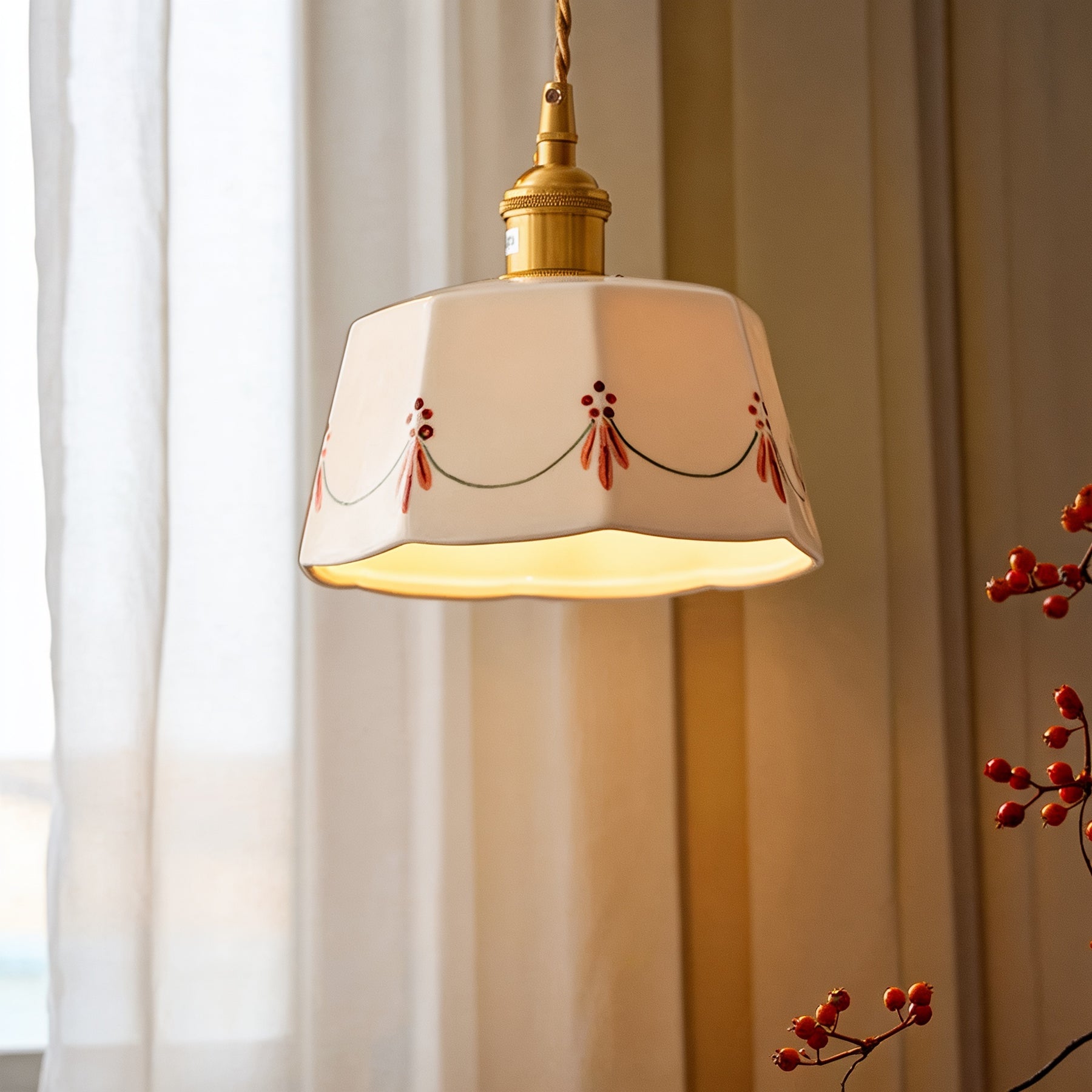 Pendente de Teto em Cerâmica Artesanal Pintada à Mão E27 Bivolt Estilo Retrô Francês para Sala de Jantar e Quarto