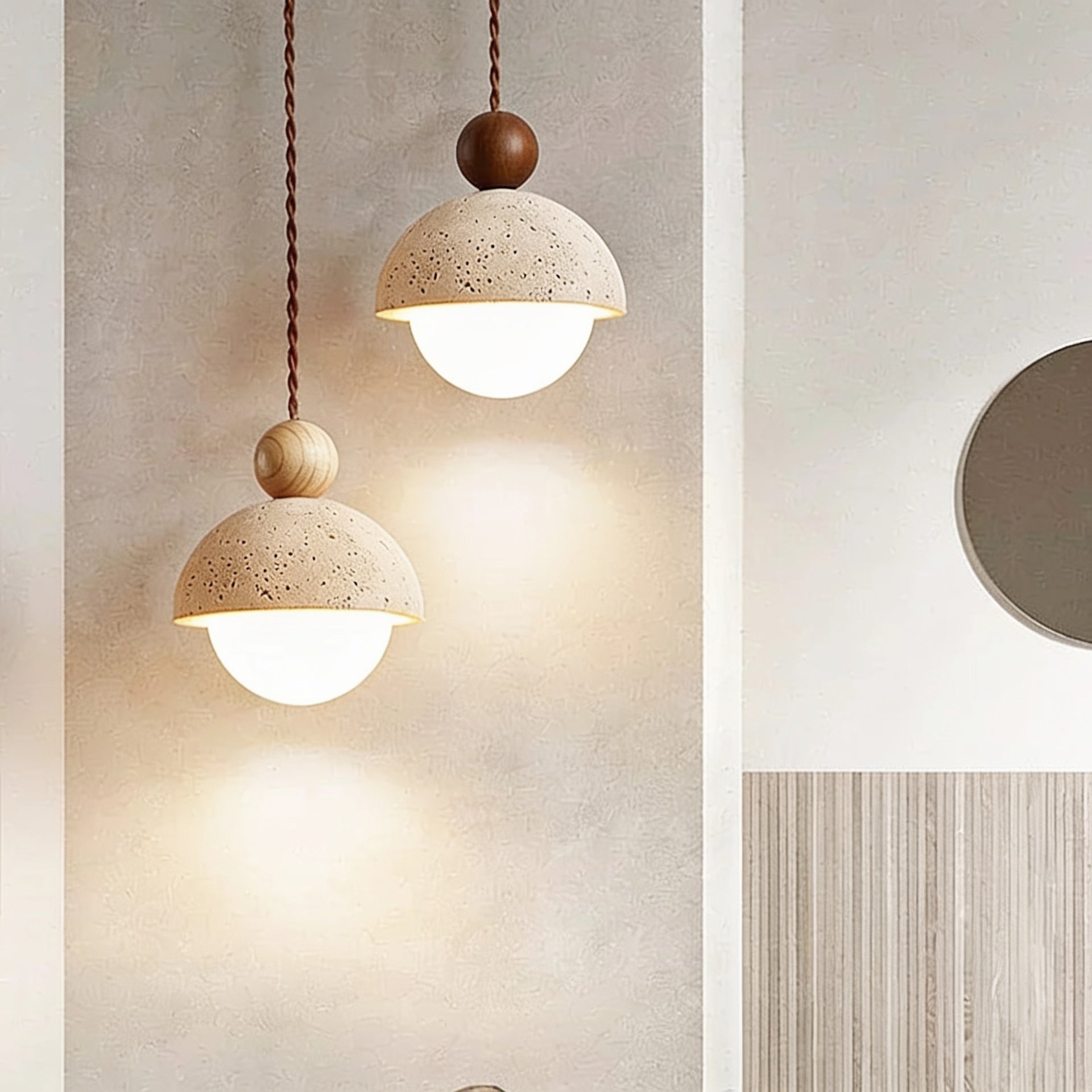 Pendente de Teto em Travertino Natural e Madeira G9 Bivolt Wabi-Sabi para Quarto e Sala