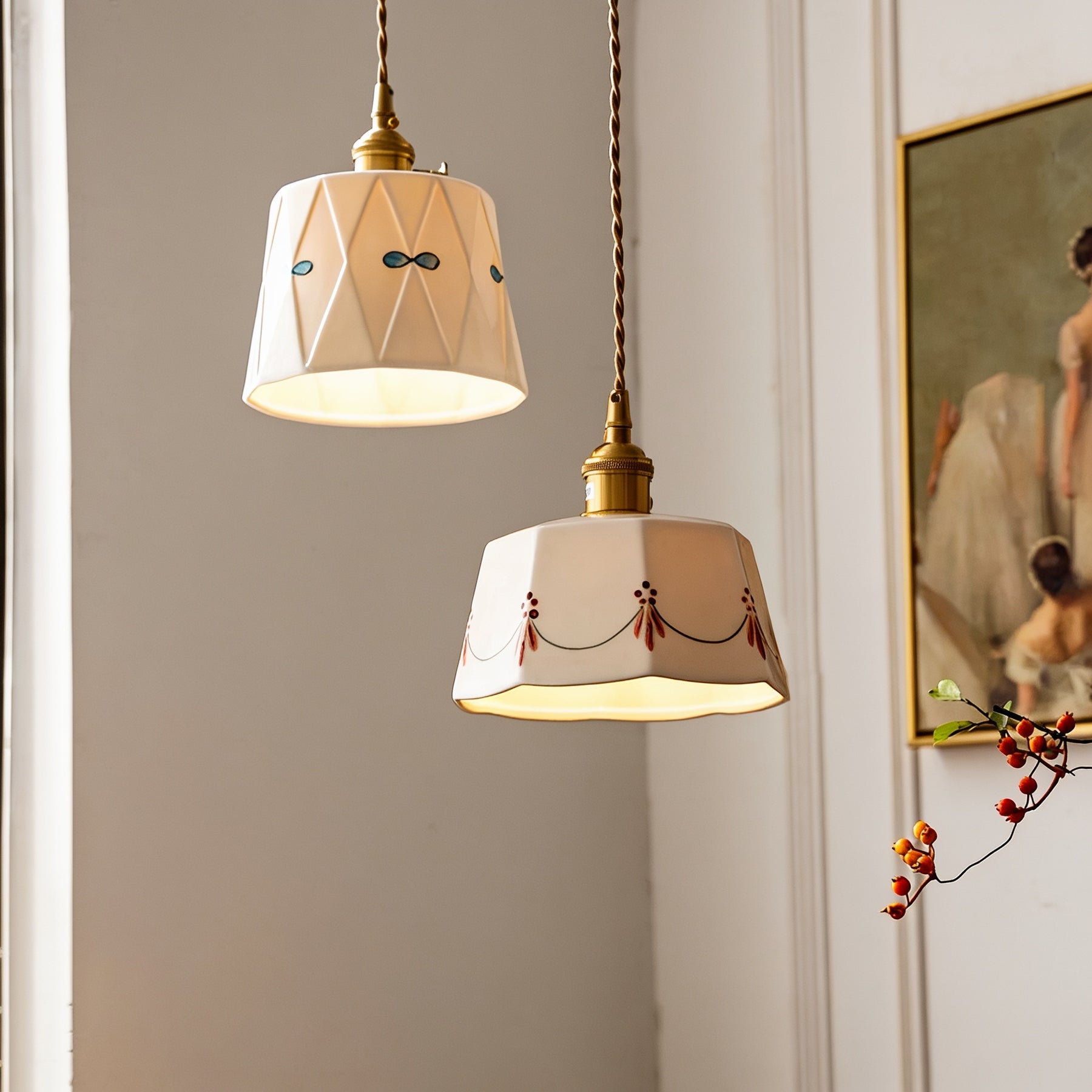 Pendente de Teto em Cerâmica Artesanal Pintada à Mão E27 Bivolt Estilo Retrô Francês para Sala de Jantar e Quarto