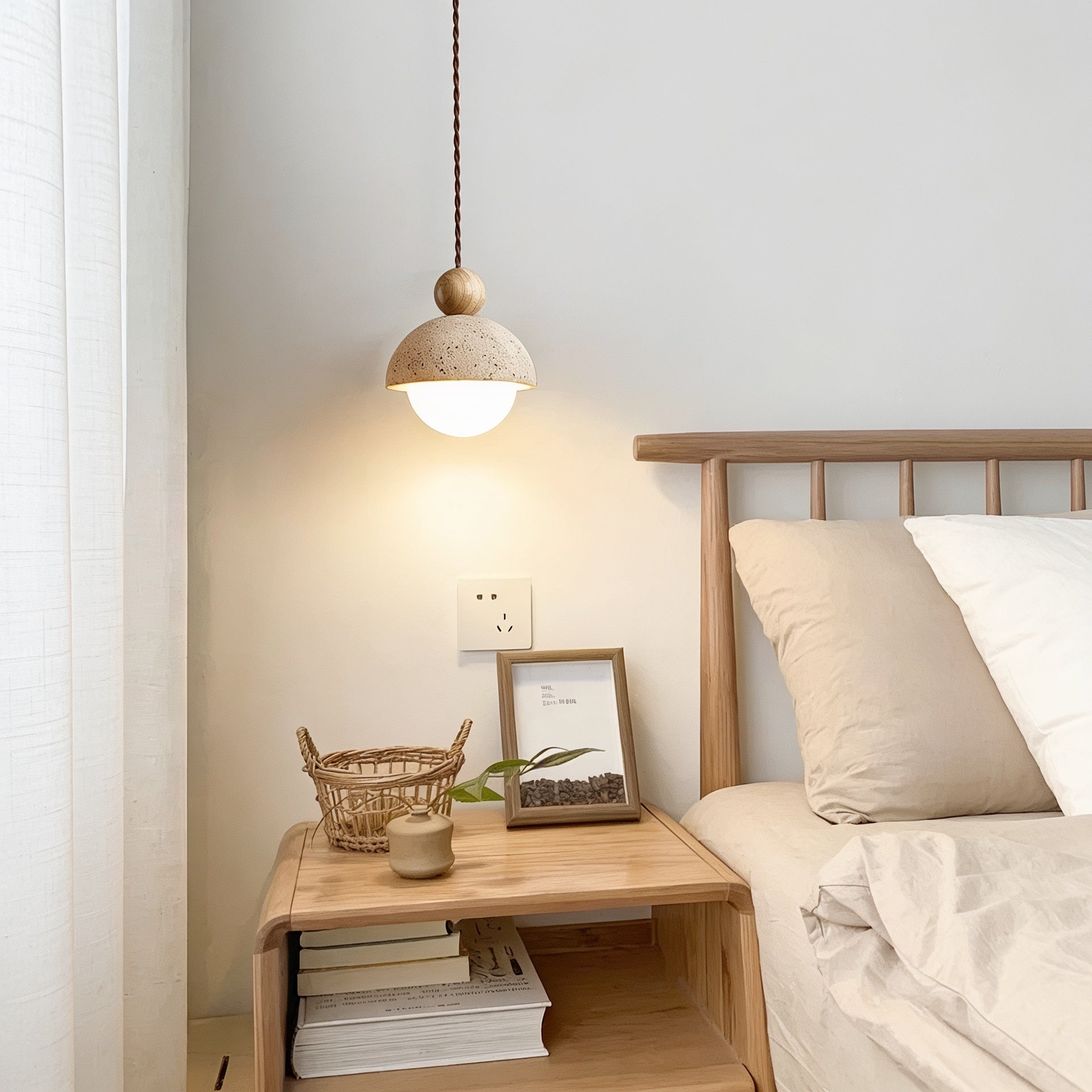 Pendente de Teto em Travertino Natural e Madeira G9 Bivolt Wabi-Sabi para Quarto e Sala