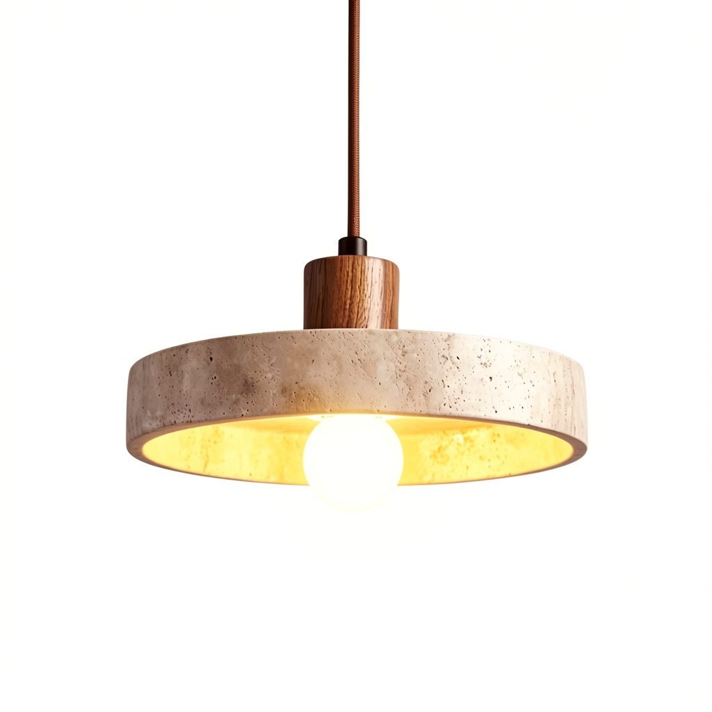 Pendente de Teto em Pedra Natural e Madeira E27 7W Bivolt Estilo Japonês para Sala de Jantar e Quarto