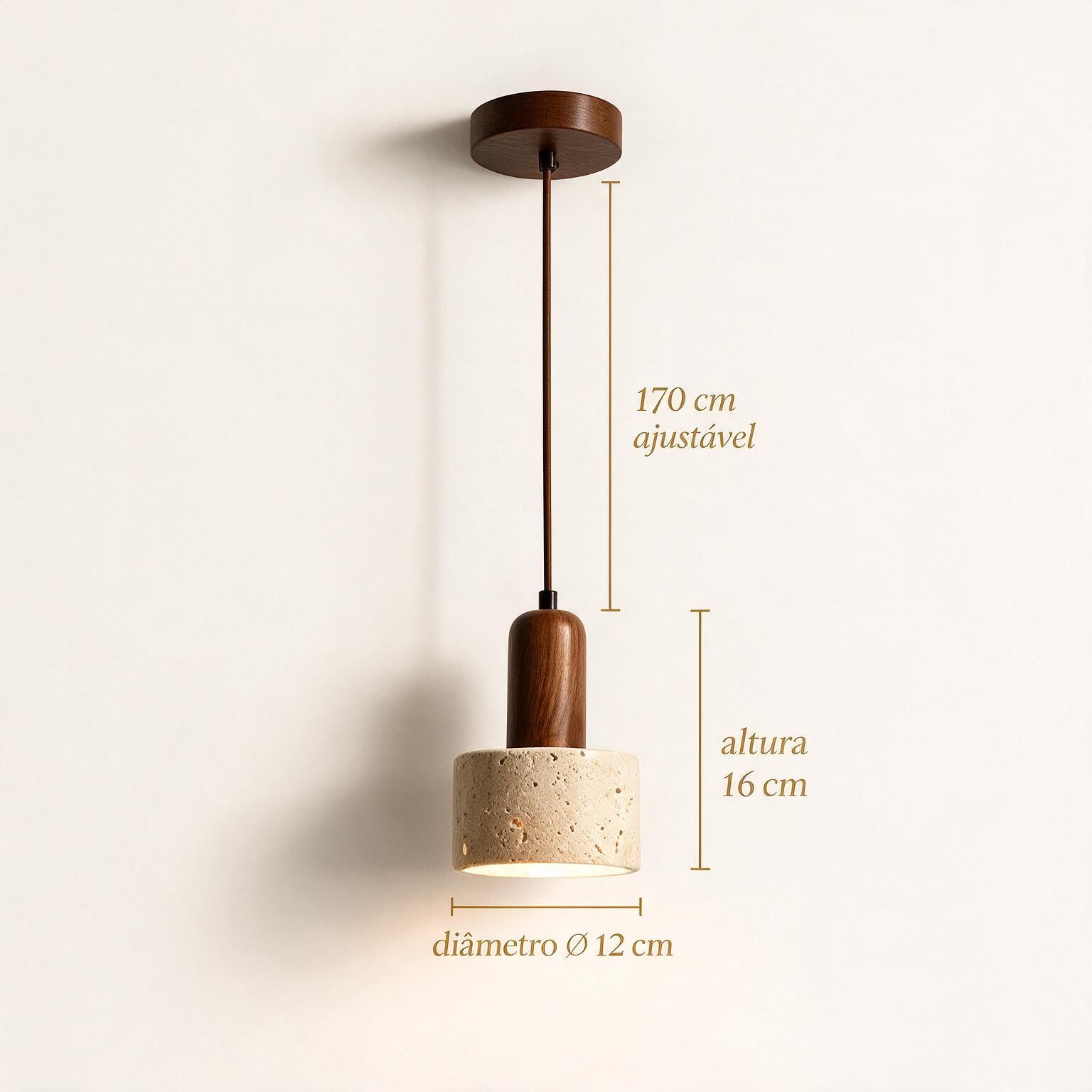 Pendente de Teto Cilíndrico em Pedra Travertino e Madeira E27 Bivolt Wabi-Sabi para Quarto e Sala de Jantar