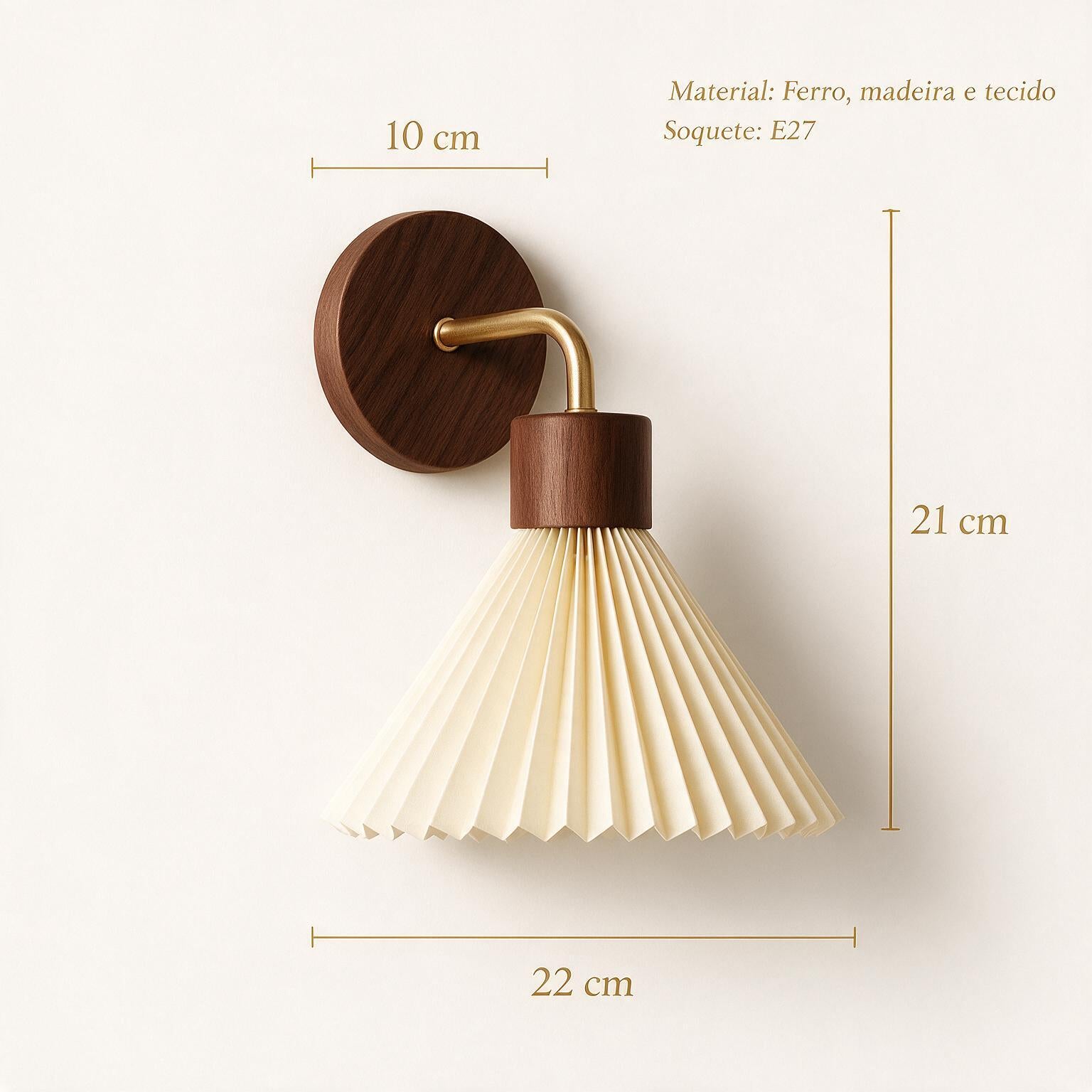 Arandela de Parede em Madeira e Ferro com Cúpula de Tecido E27 Bivolt Estilo Nórdico para Quarto e Sala